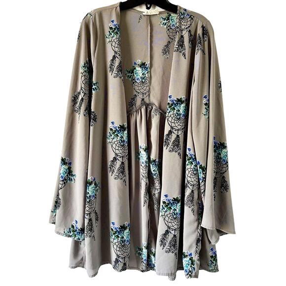 Berry N Cream Large Sheer Gray Floral Dream Catcher Open Front Kimono - Picture 1 of 6
